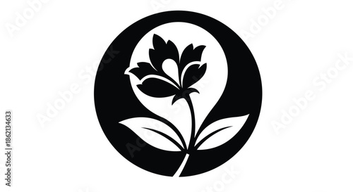 Modern floral silhouette emblem, elegant flower icon inside circular shape, minimalist botanical vector design for logo, nature inspired decorative artwork illustration