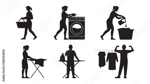 Black Silhouettes of People Doing Laundry
