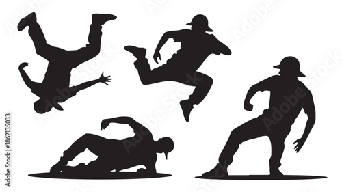 Black Silhouettes of Four Breakdancers Performing Various Moves on White Background