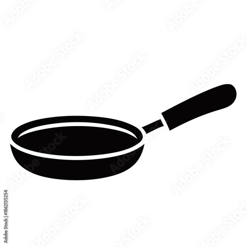 A black frying pan with a long handle on a white background