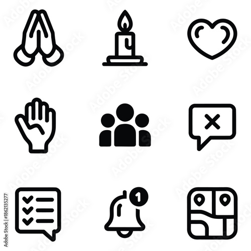 General Culture Design Elements Icon Set with Praying Hands Candle Heart Hand Group Chat Checkmark Bell and Map Vector Illustration