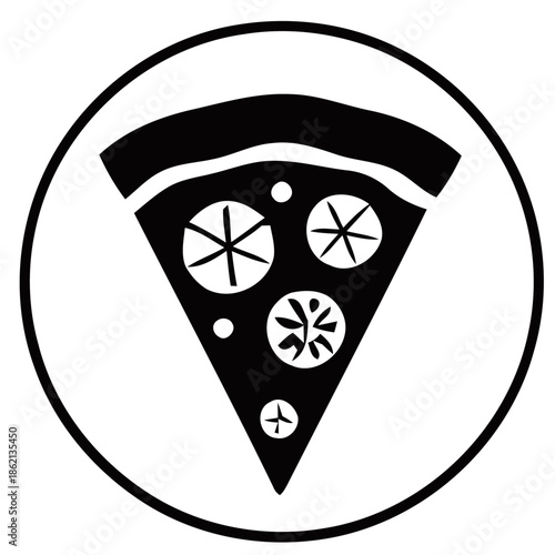 A slice of pizza with various toppings illustrated in a circular frame
