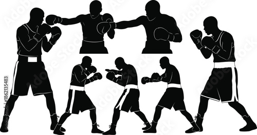 Boxer silhouettes in action poses, professional boxing stance vector, combat sports training illustration set for fitness, martial arts, competition design