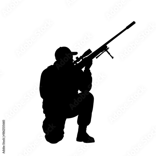 Silhouette of a Kneeling Sniper Aiming a Rifle.