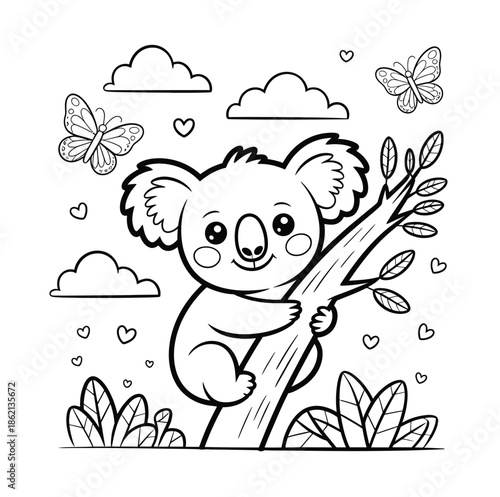 Cute koala clings to a tree branch surrounded by butterflies and hearts in a simple outline drawing for children.