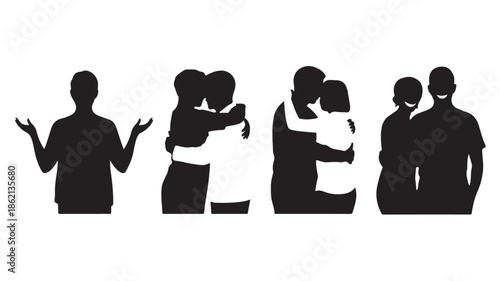 Silhouettes of People Showing Different Emotions and Interactions on White Background