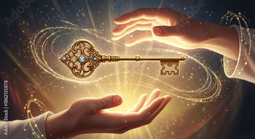 Wallpaper Mural Two hands holding a golden key with a blue gemstone in the center, surrounded by swirling light and energy, against a dark background with a golden glow. Torontodigital.ca