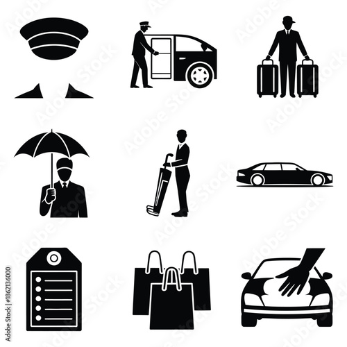 Set of Black and White Silhouettes of Valet and Chauffeur Services and Amenities Offering Luxury and Convenience for Clientele