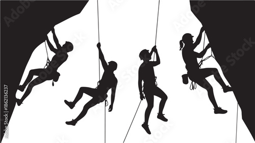 Rock Climbers Silhouettes Rappelling Down Cliff