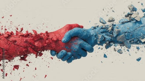 Shattered Friendship Red and Blue Hands Cracking and Breaking Apart in a Symbol of Division and Conflict.