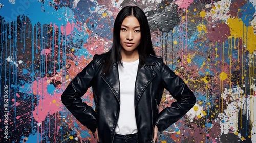 Woman posing before colorful paint splatter wall