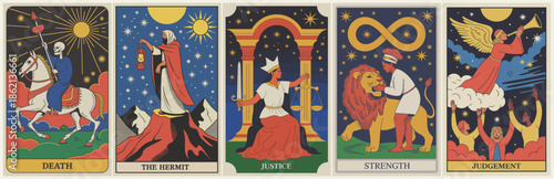 Retro flat vector illustration set of Major Arcana tarot cards with symbolic figures, celestial motifs, and bold vintage color palette.