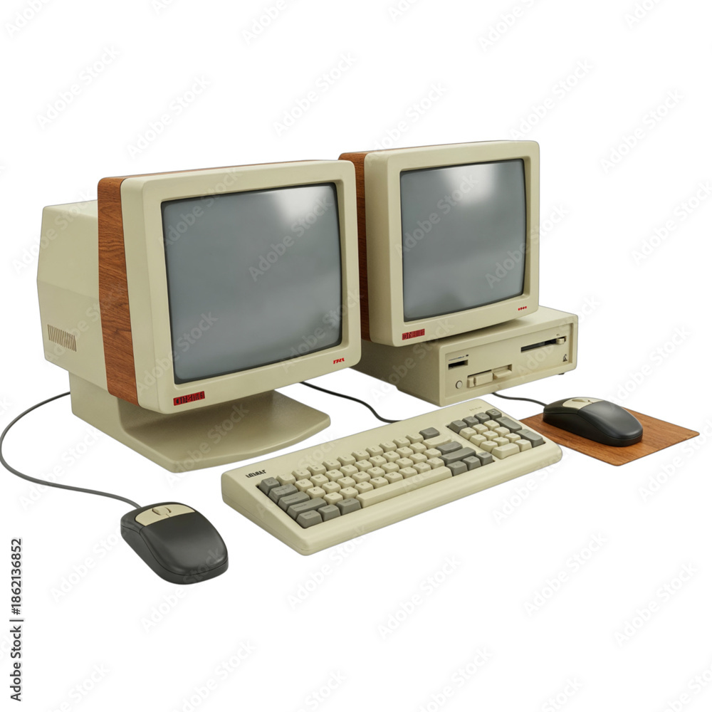 Fototapeta premium Vintage computer system with two monitors keyboard and mouse isolated on transparent background