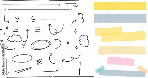 Hand drawn scribble and doodle element. Underline, emphasis line, shape, arrow, round, star, memo sticky note, sheet reminder, color office or school pages with tape, bullet journal dairy sheets set.