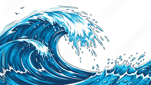 A powerful blue ocean wave with white crests, illustrated in a dynamic style