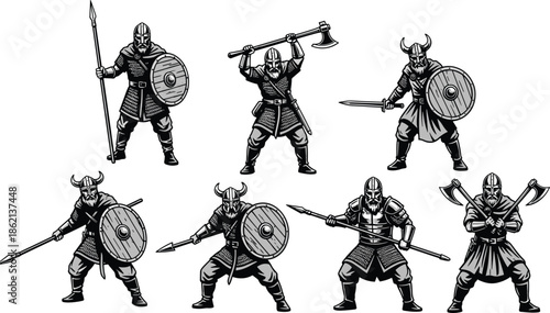 Viking warriors battle poses with shields axes and spears black and white medieval Norse vector illustration set line art collection