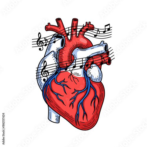Anatomical heart illustrated with musical notes and veins design  