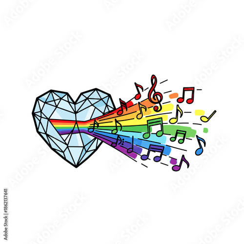 Crystal heart prism emitting colorful musical notes and rainbows  