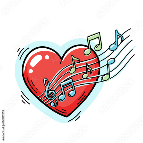 Red heart with musical notes flowing from it in vibrant colors  