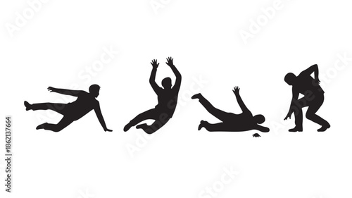 Black Silhouettes of People Falling, Slipping, and Falling Down on White Background