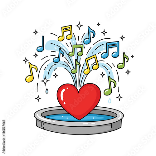 Heart-shaped fountain spraying musical notes and water in colorful style  