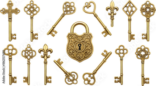 Vintage golden keys and ornate padlock collection with antique decorative designs, classic security symbols, luxury metal objects isolated on white background