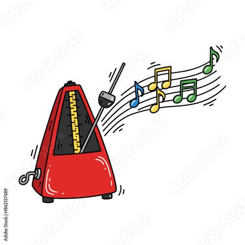 Red metronome with musical notes illustrating tempo rhythm  