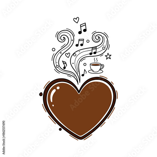 Heart-shaped coffee design with musical notes and steam elements  