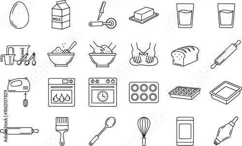 Baking line icon set featuring kitchen tools, rolling pin, whisk, mixer, oven, bread, flour, eggs, milk, measuring cups and utensils.