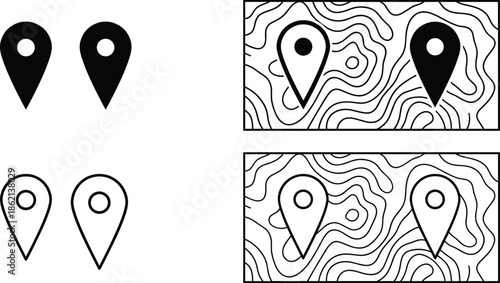 Black and white map pin icons set with topographic contour lines background for navigation, location tracking, geographic mapping, and geography,