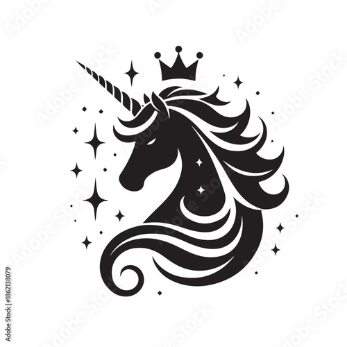 Unicorn silhouette logo with stars and magical design