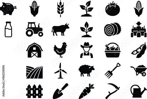 Black silhouette agriculture icons set featuring farm animals, tractor, barn, crops, gardening tools, windmill, farmer, and fresh organic produce symbols,