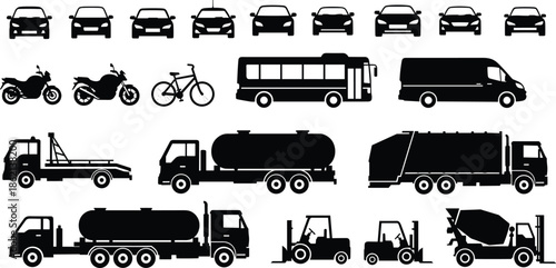 Silhouette collection of various transportation vehicles including cars, motorcycles, bicycles, buses, vans, trucks, tankers, forklifts and construction mixers, isolated vector icons set