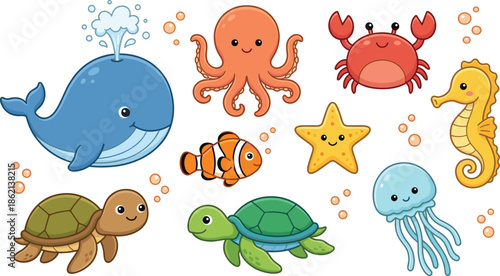 Cute cartoon sea animals collection featuring whale, octopus, crab, turtle, jellyfish, starfish and seahorse, colorful ocean life illustration isolated on white background