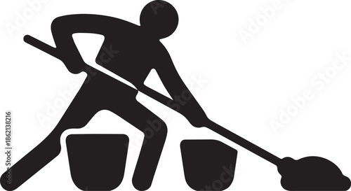 Janitor cleaning floor with mop and buckets icon black silhouette on transparent background art