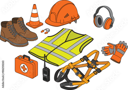 Construction safety equipment set including hard hat, high visibility vest, gloves, boots, harness, first aid kit, ear protection, and traffic cone isolated