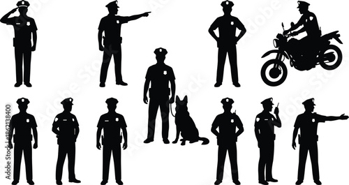 Black Vector Silhouette Collection of Police Officers in Various Poses Including Saluting, Patrolling with K9 Dog, and Riding a Motorcycle