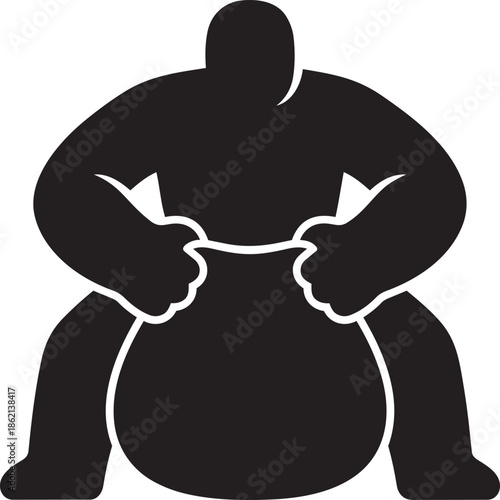 Broad strong person silhouette squatting low grasping wide full belly or large round object emphasizing size