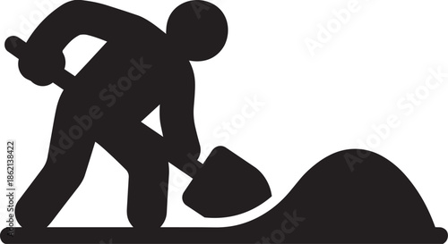 Construction worker digging ground with shovel icon black silhouette on transparent background