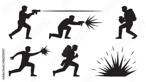 Silhouette of People Running and Shooting with Explosion