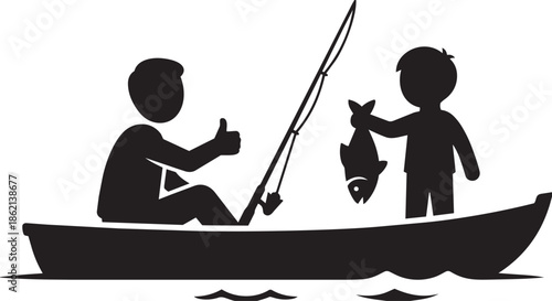 Father and son fishing from small boat with successful catch holding big fish