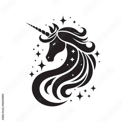 Unicorn silhouette logo with stars and magical design