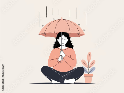 Calm Woman Under Umbrella in Rain Flat Vector Illustration