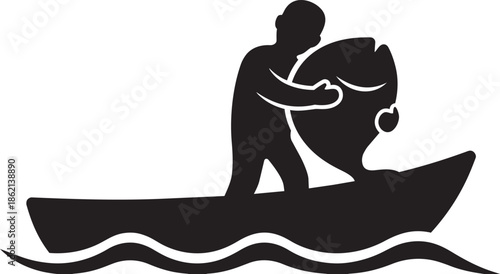 Fisherman in boat with huge fish silhouette icon vector illustration on transparent background