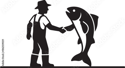 Fisherman shaking hands with large fish mascot symbolizing agreement partnership or catch and release concept