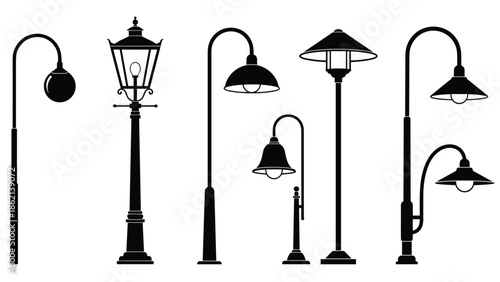 Street lamp silhouettes set modern vintage outdoor lighting poles black vector illustration collection urban exterior illumination design elements isolated white