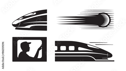 Black Bullet Train Speeding Past Sun and Man Looking Out Window