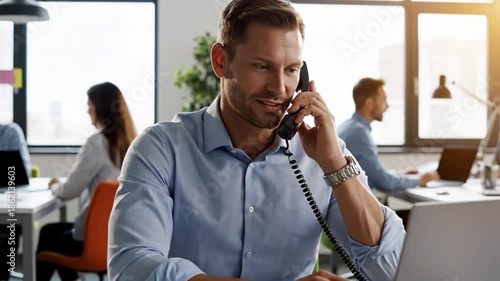 Focused Businessman Analyzing Financial Metrics While Speaking on Landline Telephone in Office Environment