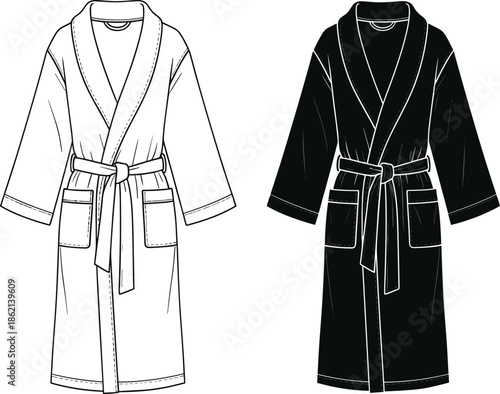 Unisex bathrobe flat sketch, technical fashion illustration, long sleeve dressing gown with belt, shawl collar, pockets, black and white vector set.