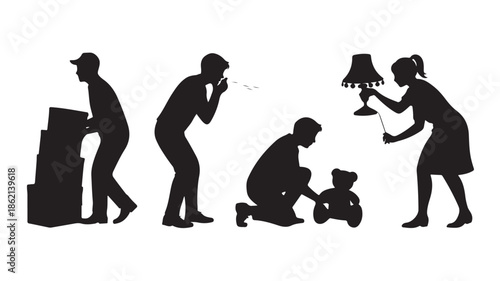 Silhouettes of People Moving In, Unpacking Boxes, and Assembling Furniture